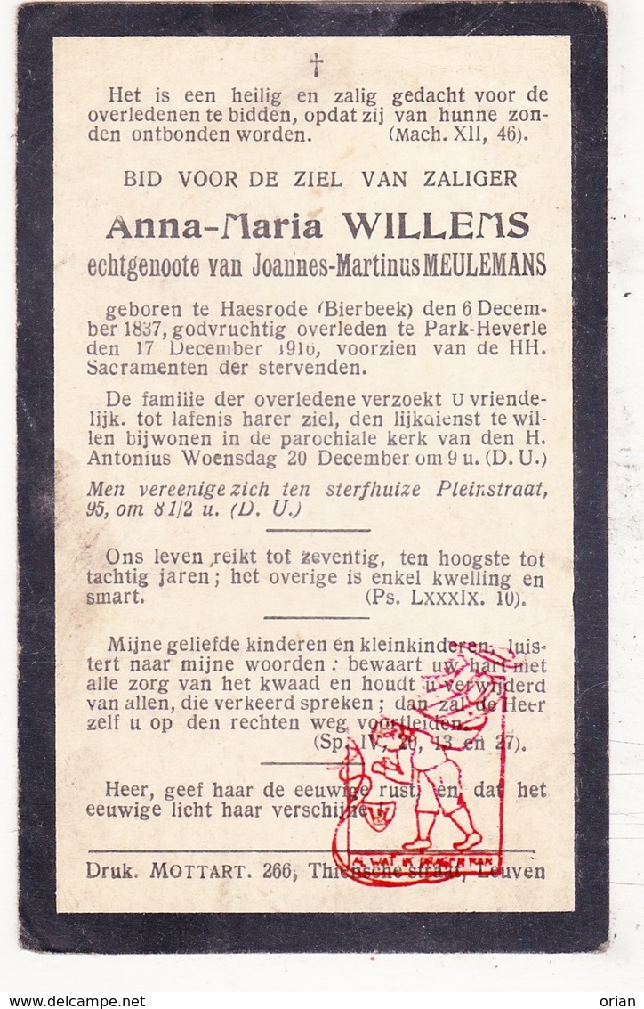 DP Anna M. Willems ° Haasrode Oud-Heverlee 1837 † Gehucht Park Heverlee Leuven 1916 X J. Meulemans / Bierbeek - Devotion Images