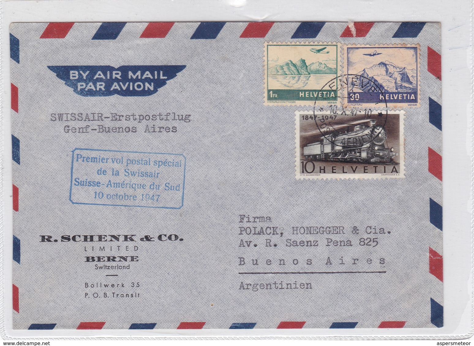 FIRST FLIGHT SWISSAIR GENF~BUENOS AIRES 1947-SUISSE-BLEUP - Covers & Documents