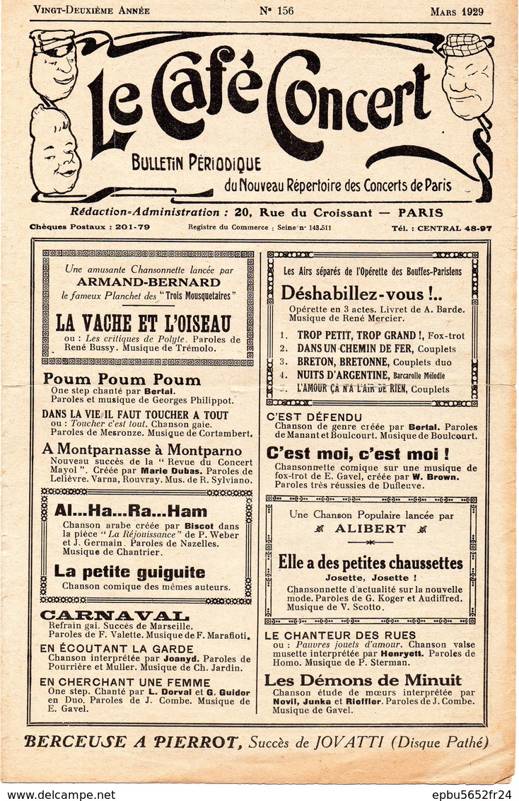 LE CAFE CONCERT Bulletin Périodique Du Nouveau Répertoire Des Concerts De Paris N° 156 Mars 1929 - Objets Dérivés