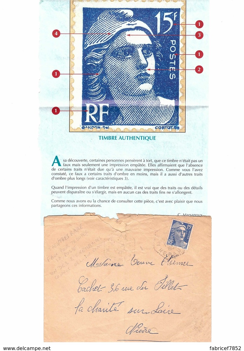 Faux 15 Franc GANDON, Pièce De Musée, C'est Le 2ème Exemplaire Connu Sur Enveloppe à Ce Jour - 1945-54 Marianne (Gandon)