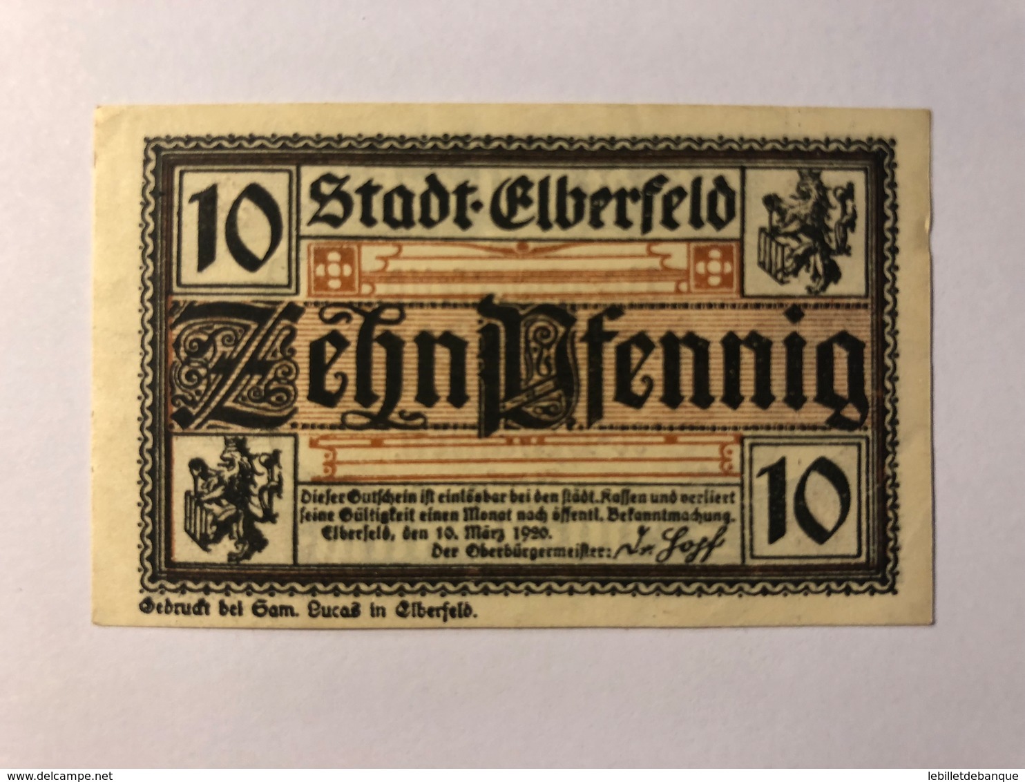 Allemagne Notgeld Elberfeld 10 Pfennig - Collections