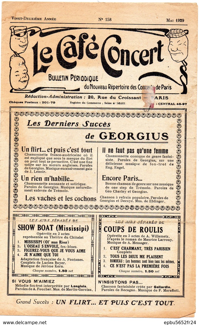 LE CAFE CONCERT Bulletin Périodique Du Nouveau Répertoire Des Concerts De Paris N° 158 Mai 1929 - Objets Dérivés