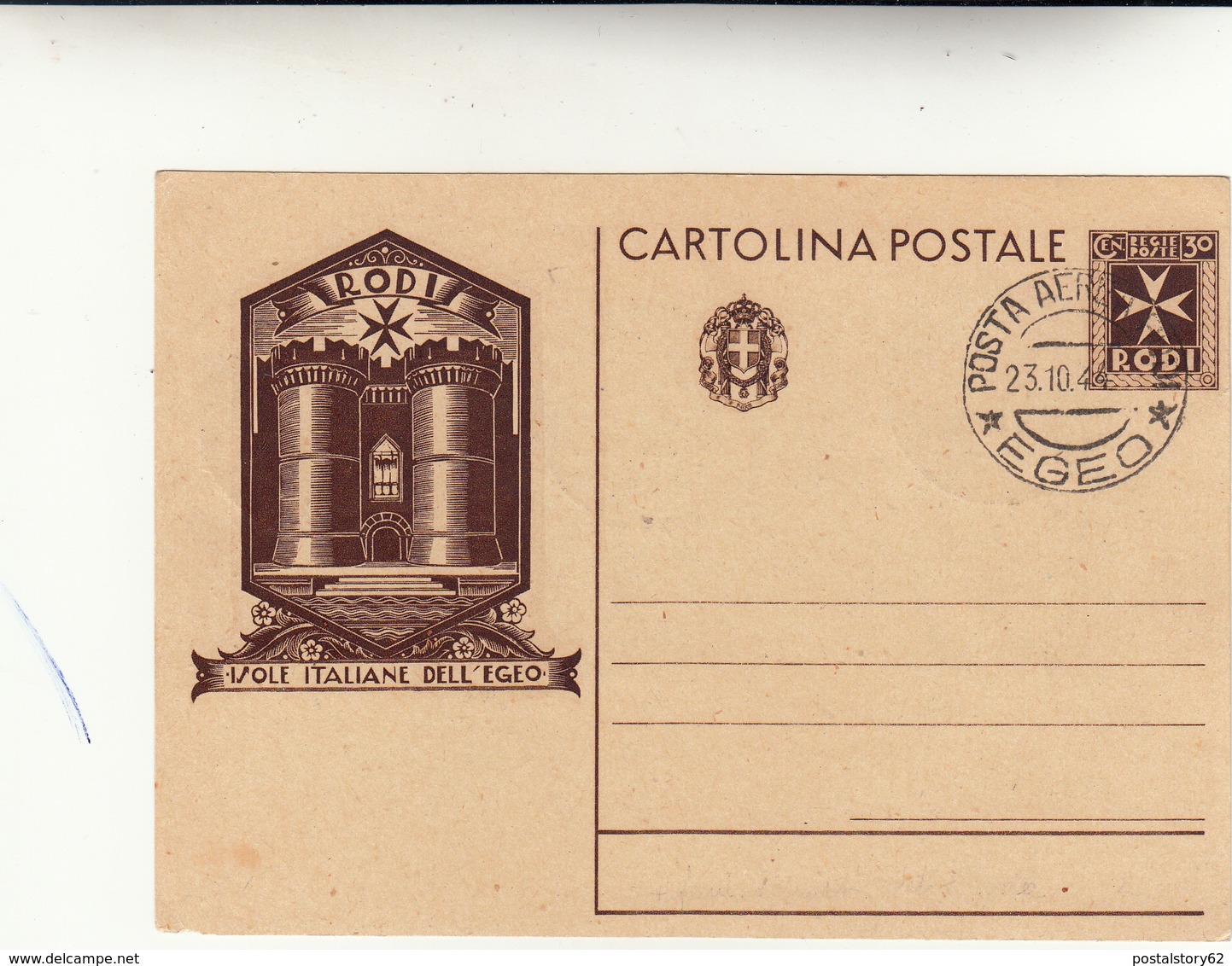 Cartolina Postale Isole Italiane Dell'Egeo. Rodi Con 3 Francobolli Pro Sinistrati Di Guerra 23- 10 - 1944 Filatelica - Ionische Inseln