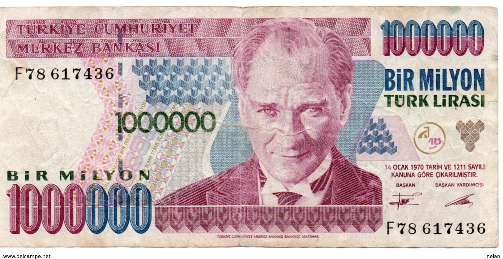 LOTTO 3 BANCONOTE TURKEY- 1 MILL,20,5 LIRA -UNC,XF VG - Turkey