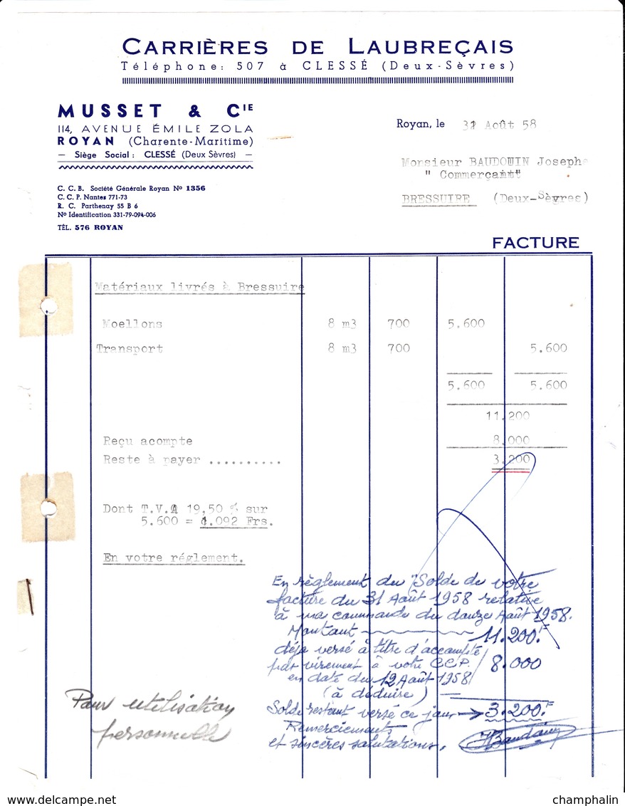 Facture De Royan (17) Pour Bressuire (79) - 31 Août 1958 - Carrières De Laubreçais à Clessé (79) - Ets Musset & Cie - 1950 - ...