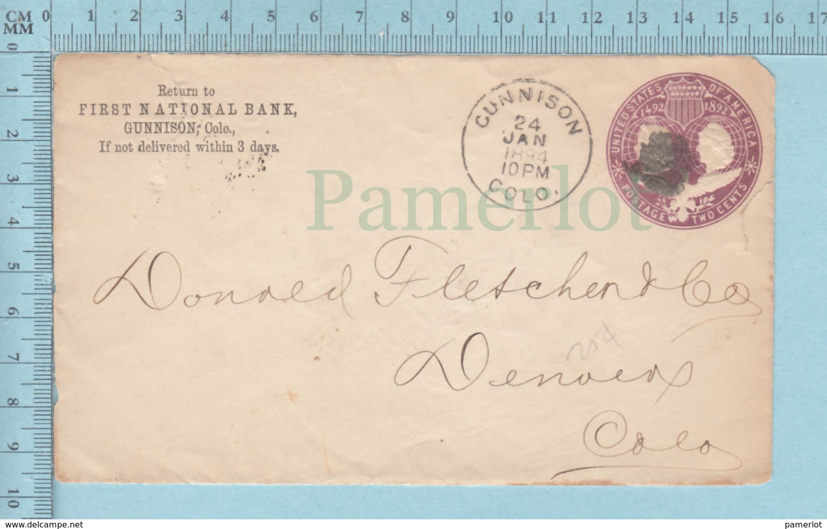 USA Stationary 2¢ 1894, On A "FRONT Side Only " Comercial Envelope, First National Bank Cover Cunnison Colo. 1894 - Lettres & Documents