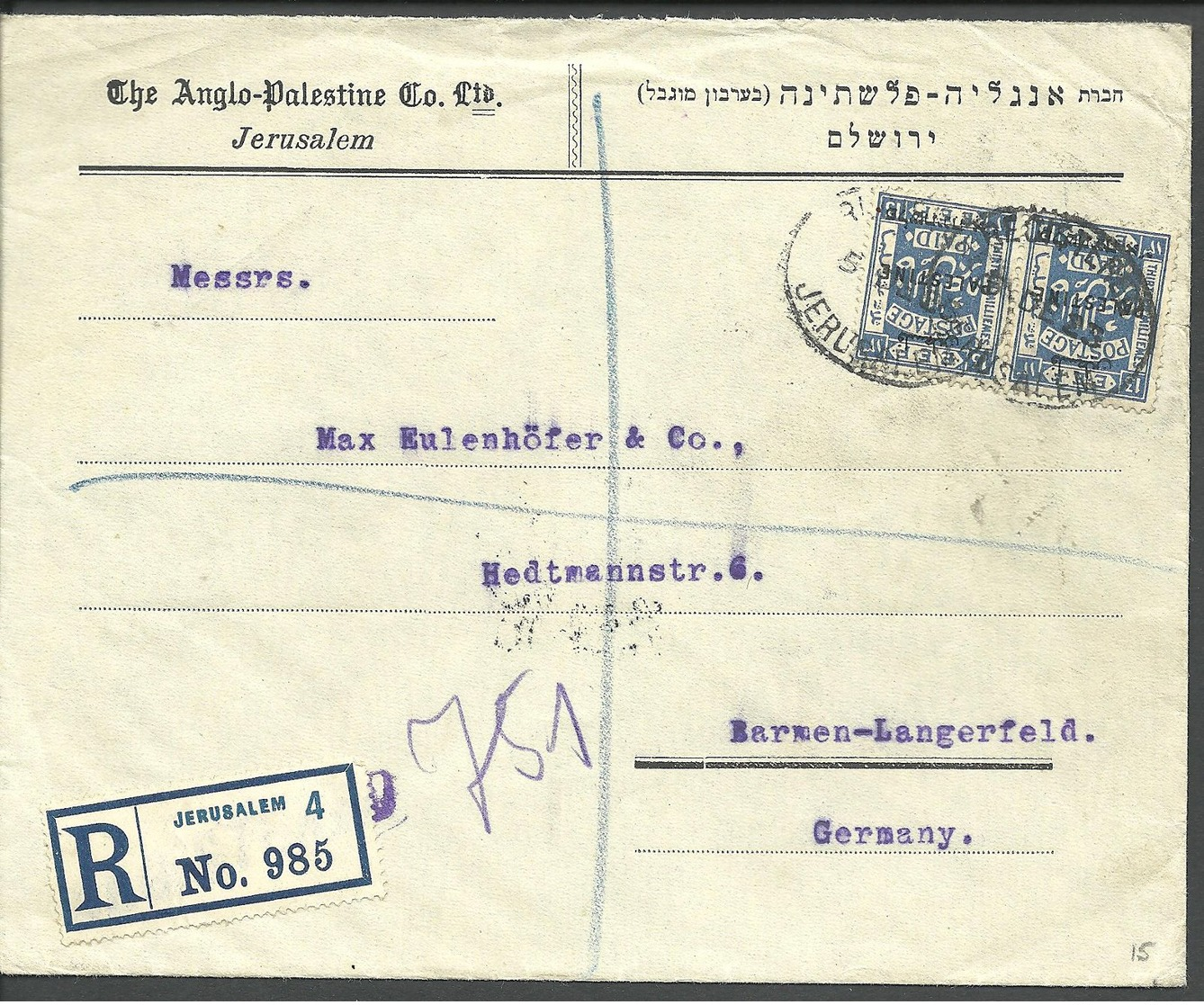 (709)  Ca. 1923/27 5 Briefe Nach Deutschland, Schweiz, Frankiert Mit Palestine  - Palestine