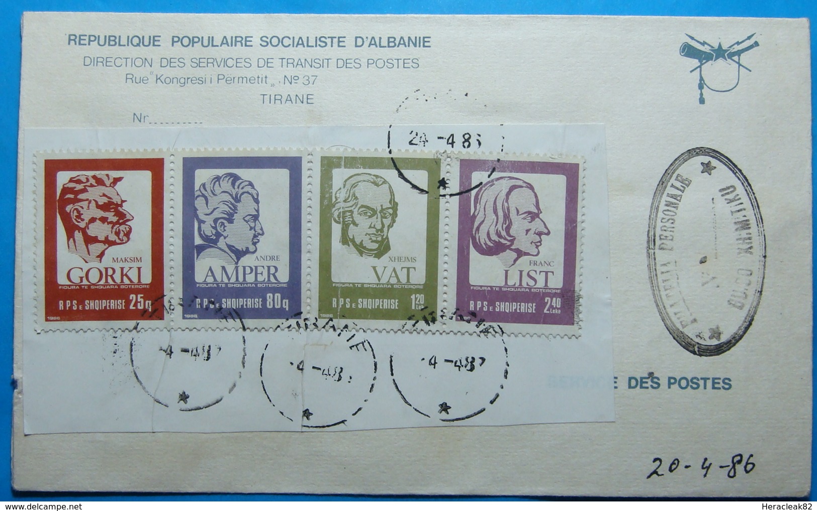 1986 & 87 Albania 4 Stamps On Cover 25, 80q, 1.20, 2.40 Lek, Famous World Personalities, Seal TIRANA - Albania