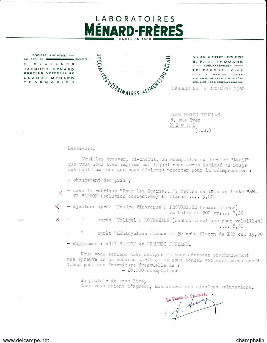 Lettre Commerciale De Thouars (79) Pour Niort (79) - 12 Décembre 1960 - Laboratoires Ménard Frères - Vétérinaires - 1950 - ...