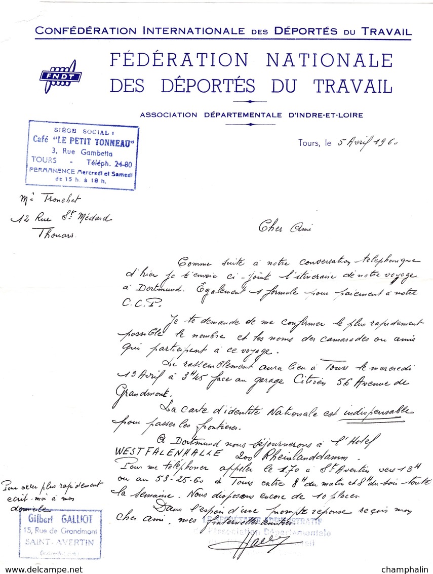 Lettre Fédération Nationale Déportés Du Travail D'Indre-et-Loire Pour Thouars (79) - 5 Avril 1960 - Saint-Avertin (36) - Sports & Tourisme