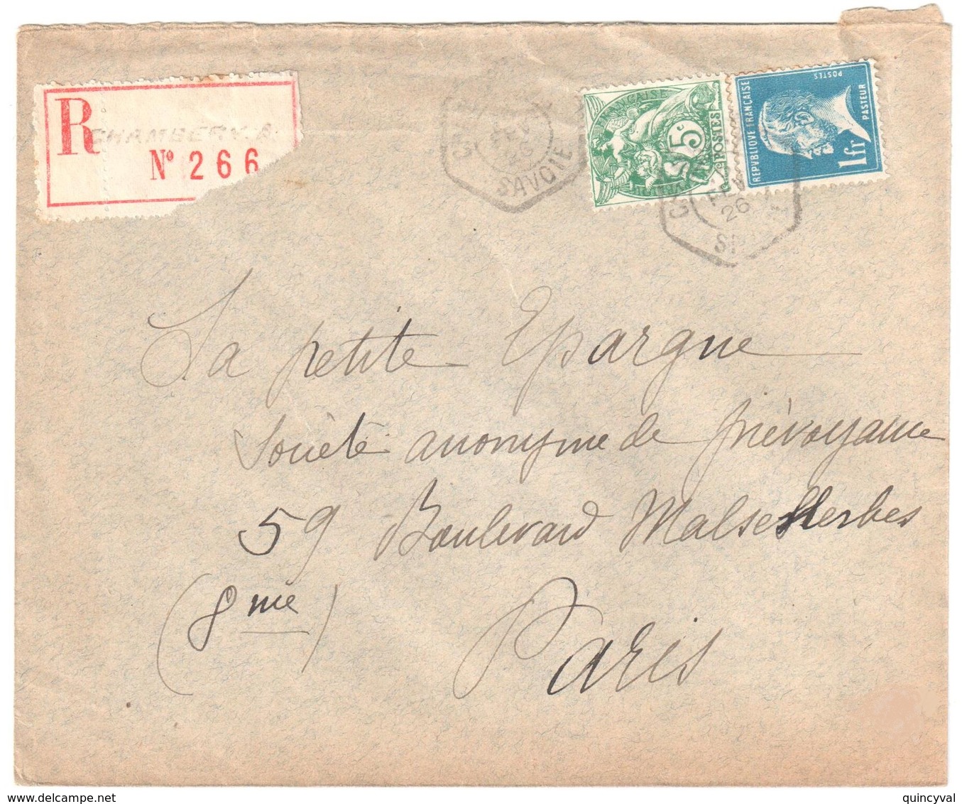 CHAMBERY A Savoie Lettre Recomman 1F Pasteur 5c Blanc Yv 111 179 Ob Hexagone 1926 Recette Auxiliaire Urbaine Lautier D1 - Storia Postale