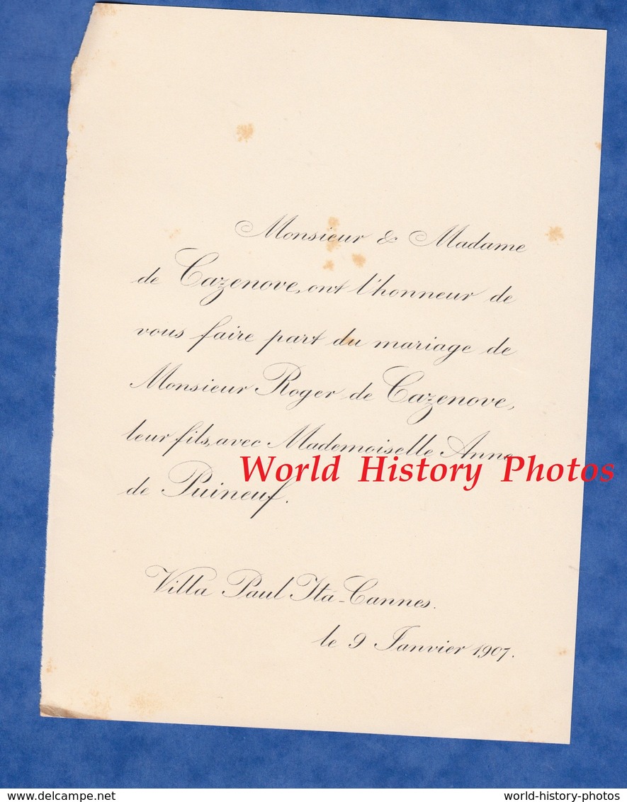 Document De 1907 - CANNES , Villa Paul Ita - Mariage De Melle Anne De PUINEUF & Roger De CAZENOVE - Annunci Di Nozze