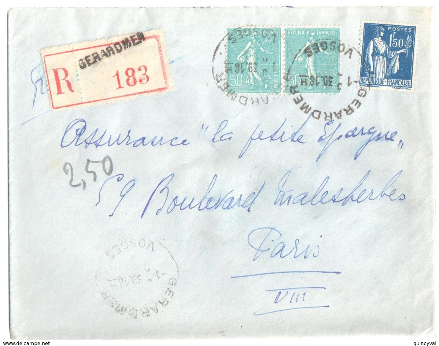 GERARDMER Vosges Lettre Recommandée 50c Semeuse Turquoise 1,50F Bleu Yv 288 362 Ob Horoplan 1939 Lautier A5bis - Lettres & Documents