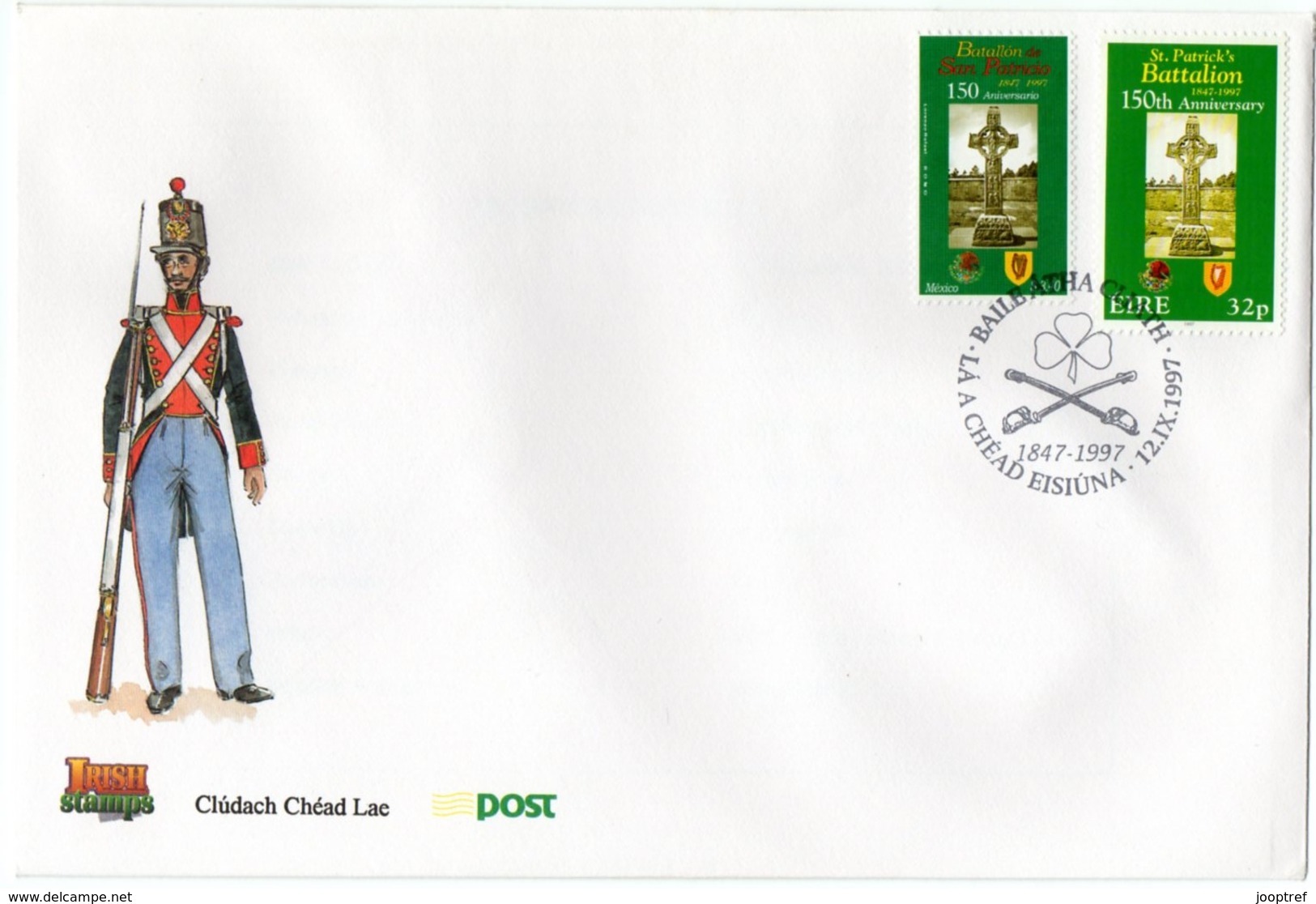 1997 Joint Ireland Mexico, OFFICIAL MIXED FDC BOTH STAMPS IRISH POSTMARK: St. Patrick's Battalion - Gezamelijke Uitgaven