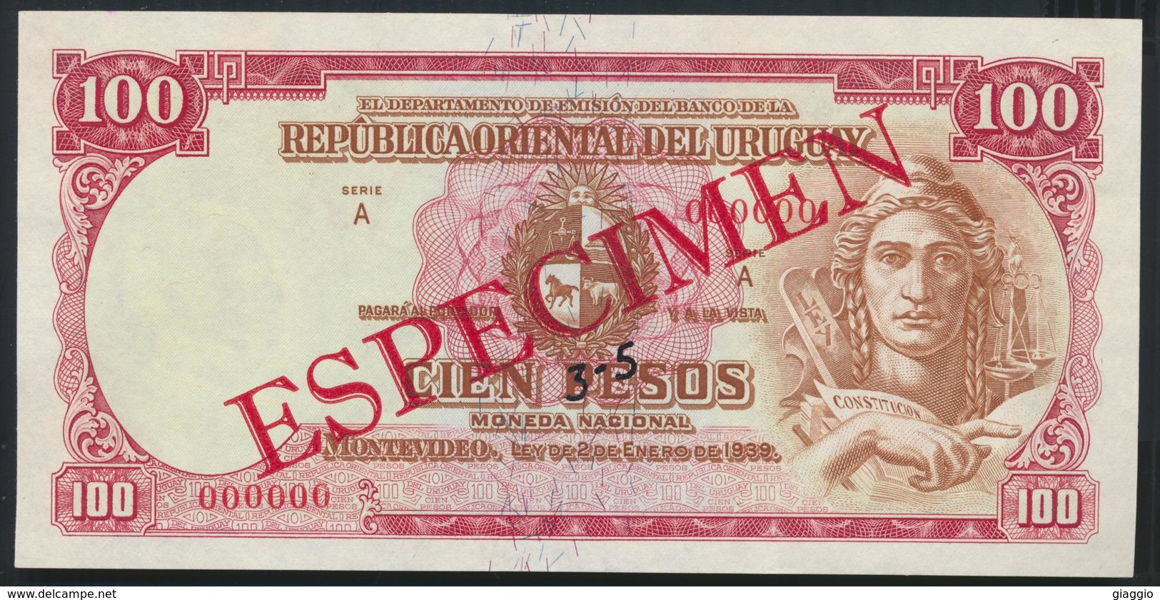 °°° SPECIMEN URUGUAY 100 PESOS 1939 AUNC °°° - Uruguay