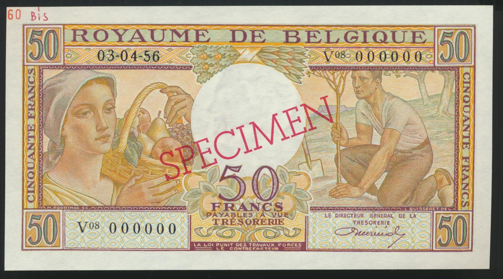 °°° SPECIMEN BELGIUM 50 FRANCS 1956 UNC °°° - 50 Francs