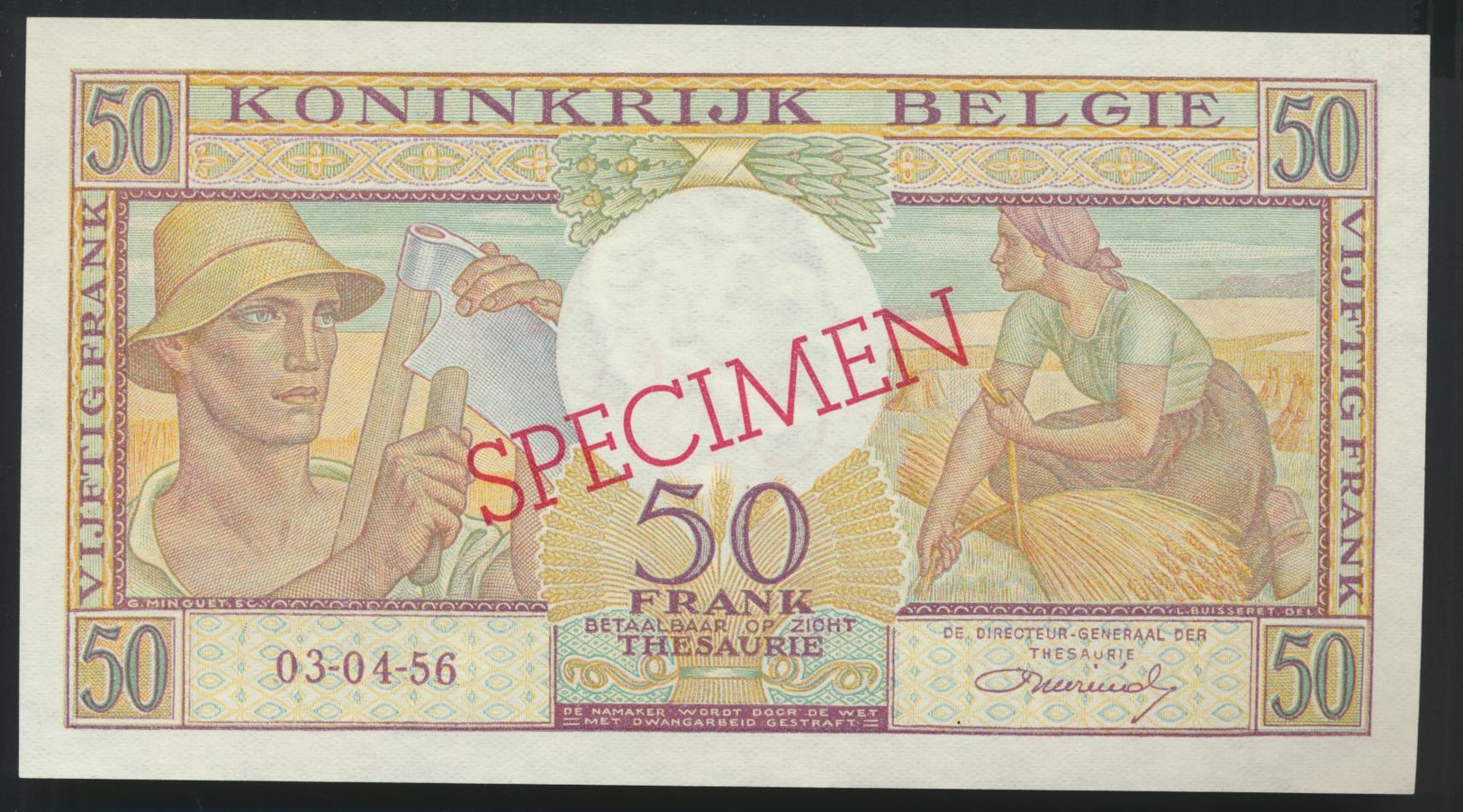 °°° SPECIMEN BELGIUM 50 FRANCS 1956 UNC °°° - 50 Francs