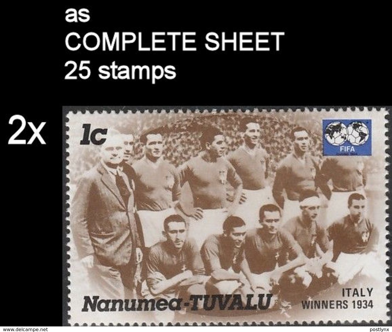 CV:€11.13  BULK:2x  TUVALU-Nanumea 1986 World Cup Mexico Italy 1934 1c COMPLETE SHEET:25 Stamps - 1934 – Italy