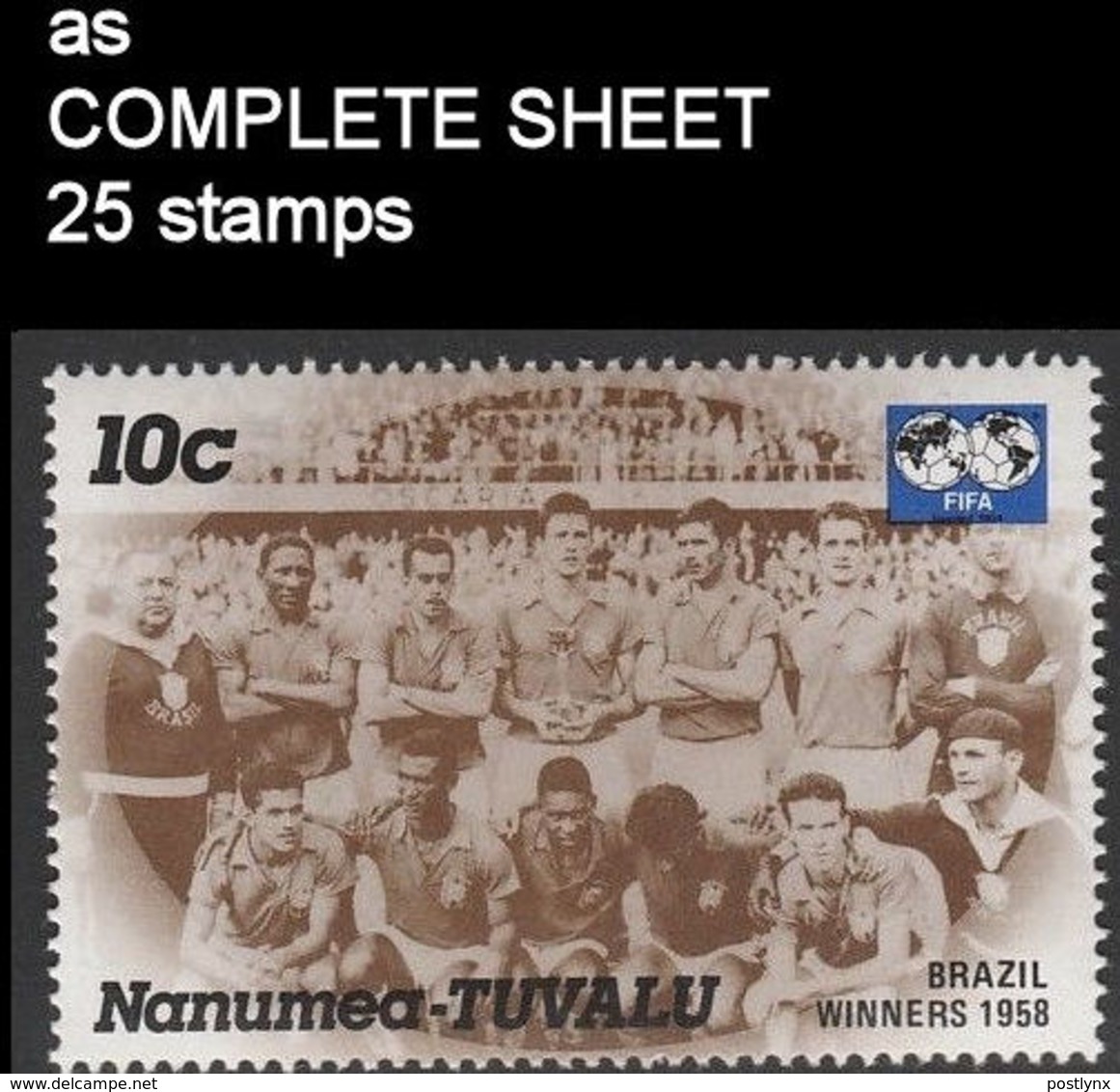 CV:€5.56 TUVALU-Nanumea 1986 World Cup Mexico Sweden Winner Brazil 1958 10c COMPLETE SHEET:25 Stamps - 1958 – Schweden