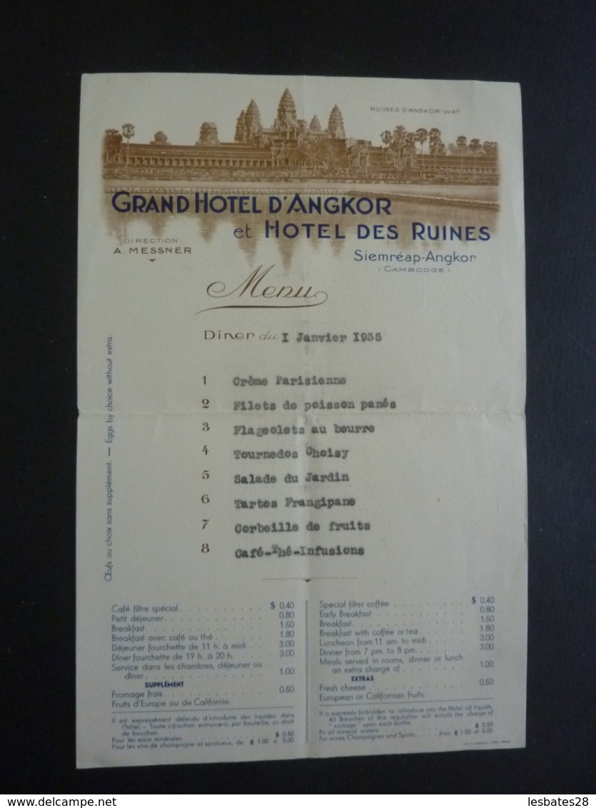 CAMBODGE  SIEMREAP AUTOGRAPHE MENU DU GRAND HOTEL D'ANGKOR   Et Hôtel Des Ruines  1935Nov 2018 Alb 5 - Menus