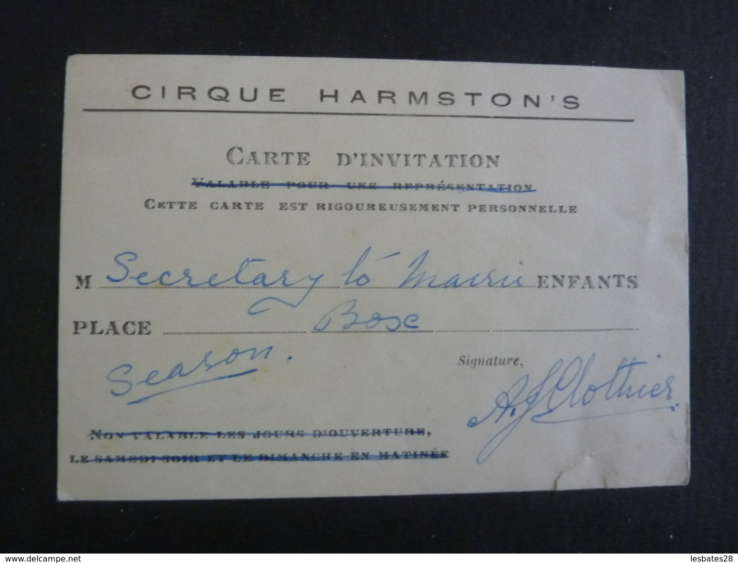 CARTE D'INVITATION  CIRQUE HARMSTON'S RIGOUREUSEMENT PERSONNEL   1930-1940  2018 Alb 5 - Tickets D'entrée
