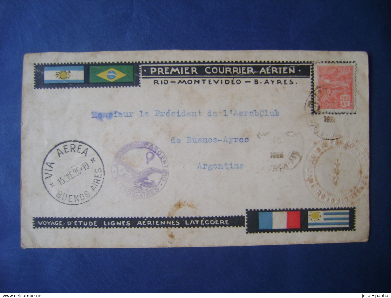 LATECOERE (BRAZIL) - ENVELOPE 1st AIR MAIL RIO-MONTEVIDEO-BUENOS AYRES IN 1925 IN THE STATE - Airplanes