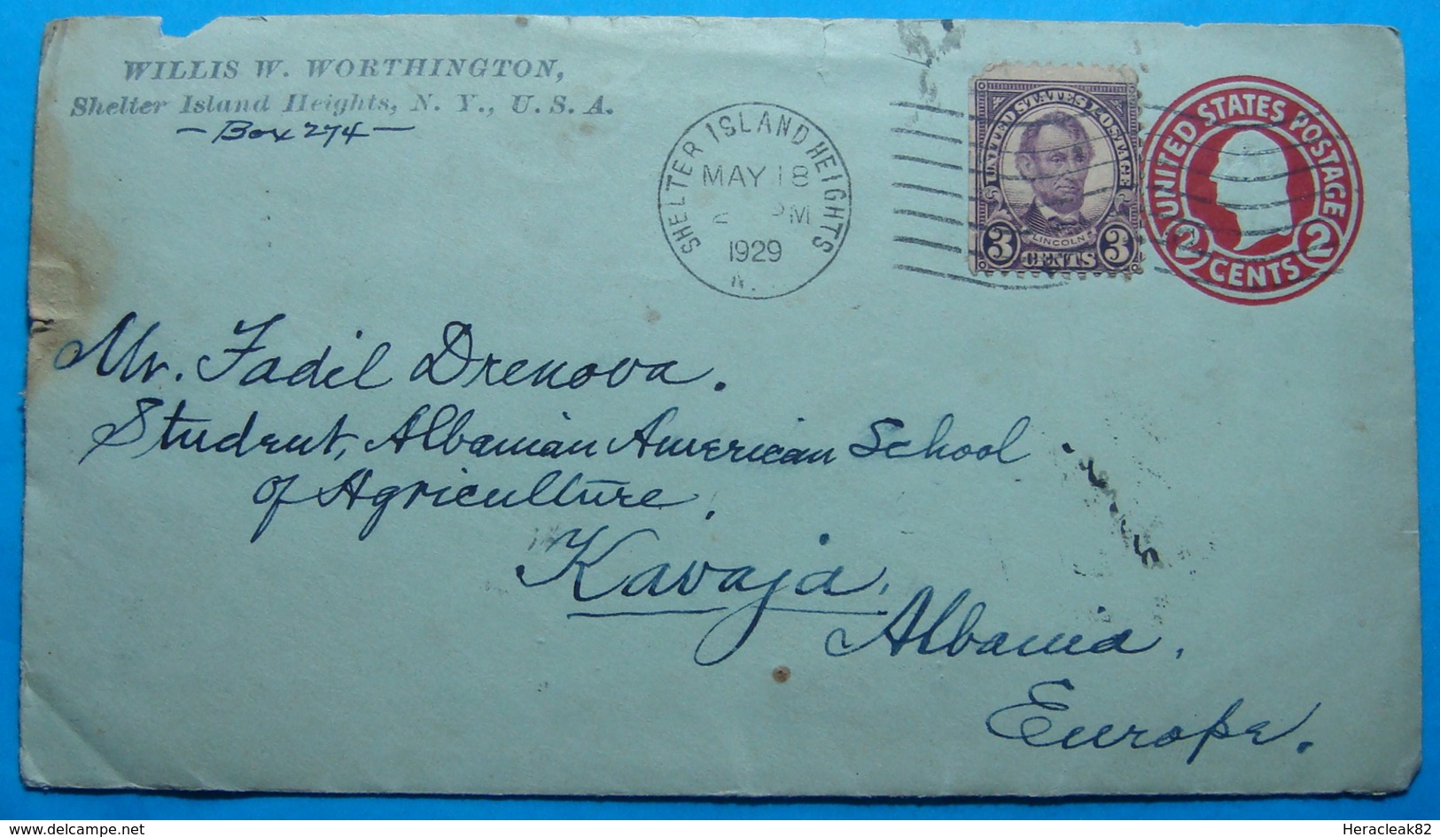 1928 Albania Airmail Cover Sent From SHELTER ISLAND HIGHTS - USA To KAVAJA Through DURRES - Lettres & Documents