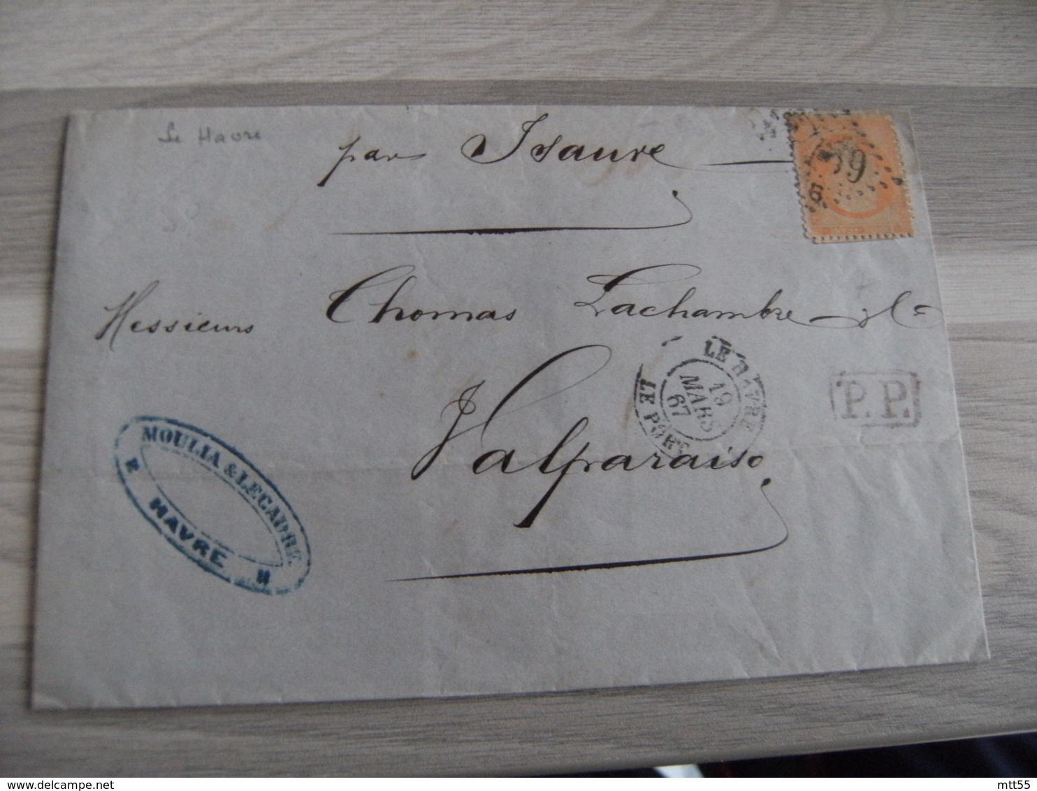 1867 Le Havre Lettre P P Port Paye Cachet Rouge Timbre Empire 40 C Orange Gros Chiffres 3789 - 1849-1876: Période Classique