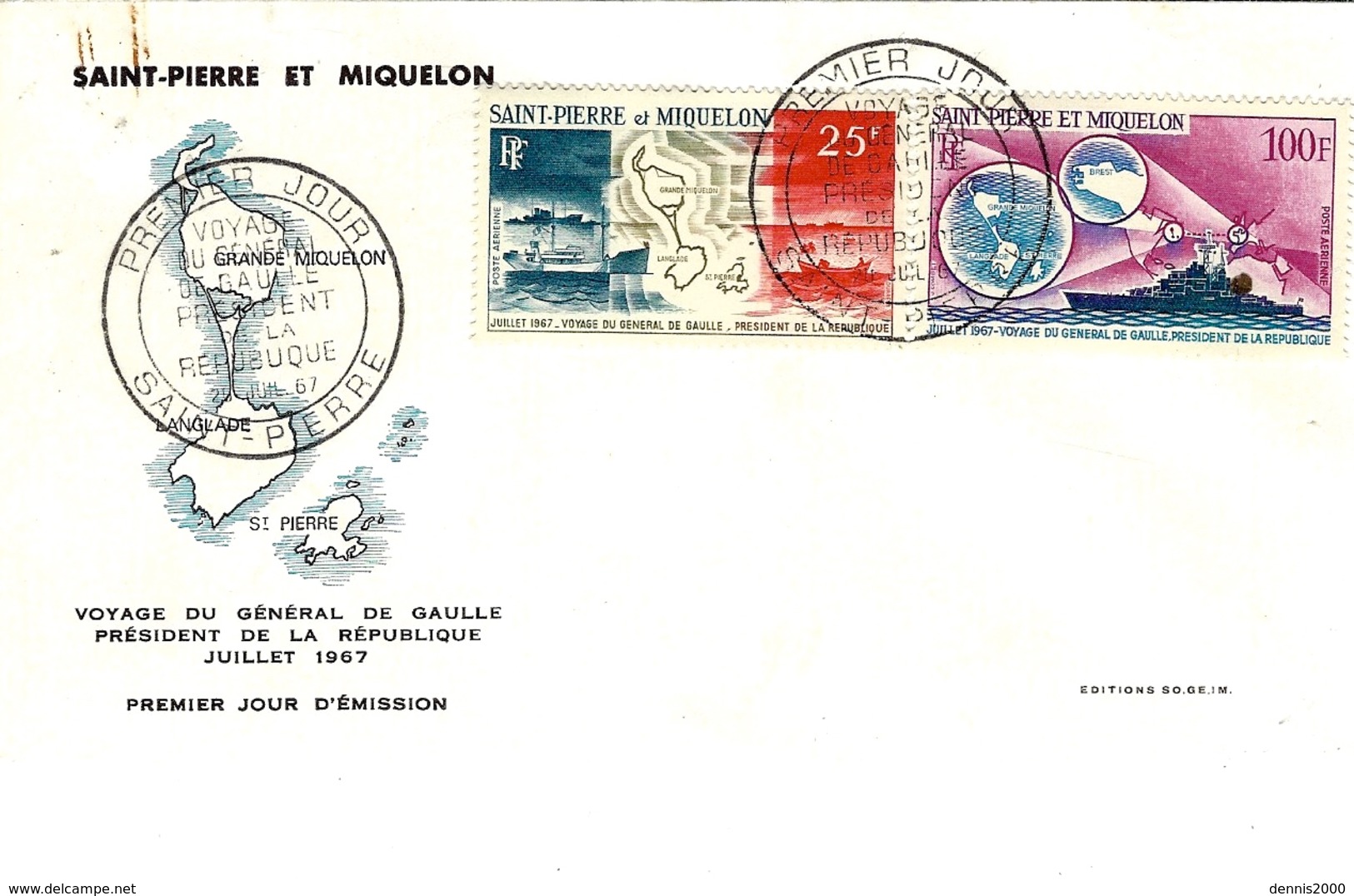 1867- Premier Jour D'émission- Voyage Du Général De Gaulle  - SAINT-PIERRE  N° 38 Et 39 Ae - Brieven En Documenten