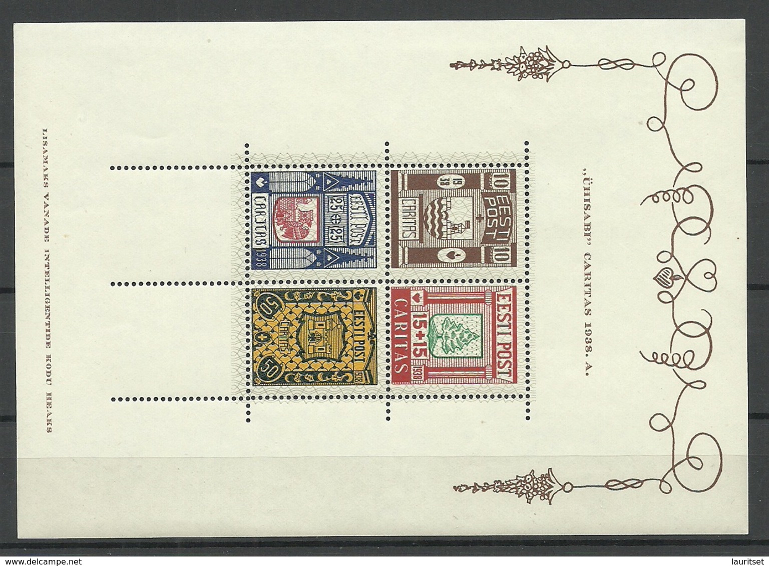 Estland Estonia 1938 Caritas Block 2 Type With Only 1 Line At Corners MNH - Estonia