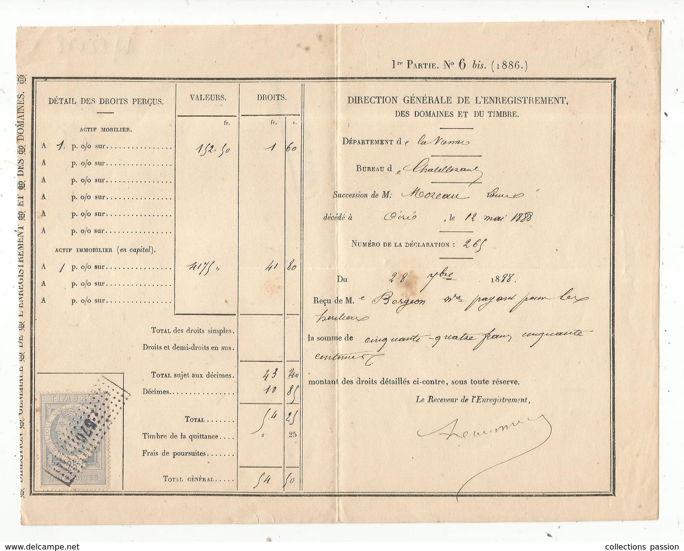 Direction Générale De L'enregistrement ,domaines Et Du Timbre , Chatellerault , 1888, Succession Oyré , Frais Fr 1.45 E - Unclassified