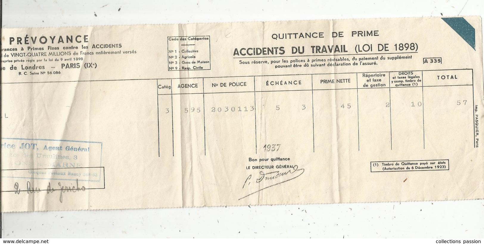 Quittance De Prime , Accidents Du Travail ,LA PREVOYANCE , 1937 , Frais Fr 1.45 E - Unclassified