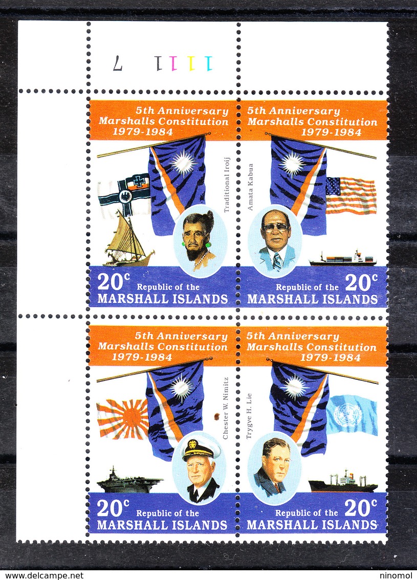 Marshall - 1984. Costituzione: Bandiere Di Marshall, Usa,Giappone, Onu. Fags Of Marshall, Usa, Japan, Un. MNH - Francobolli