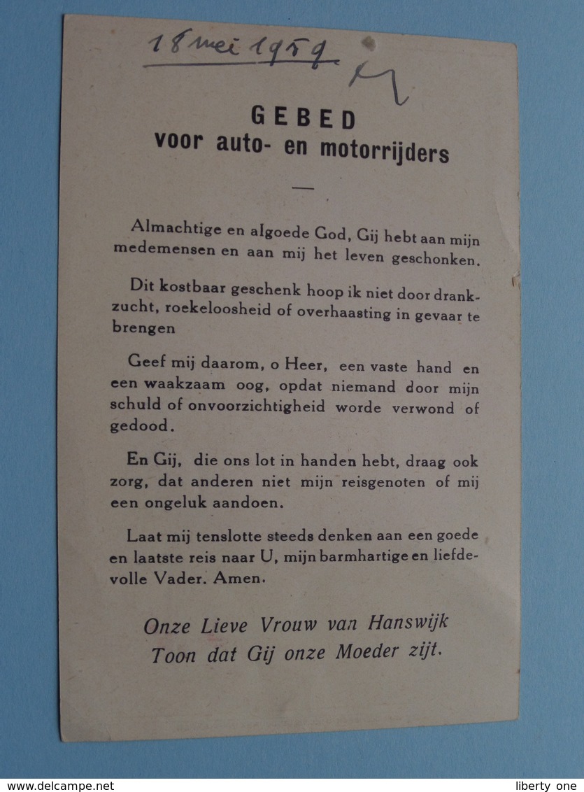 GEBED Voor AUTO- En MOTORRIJDERS - O.L.V. Van HANSWIJCK (Mechelen) Sedert 988 Vermaard Door MIRAKELEN ( Zie BIC 1959 ) ! - Religion & Esotérisme