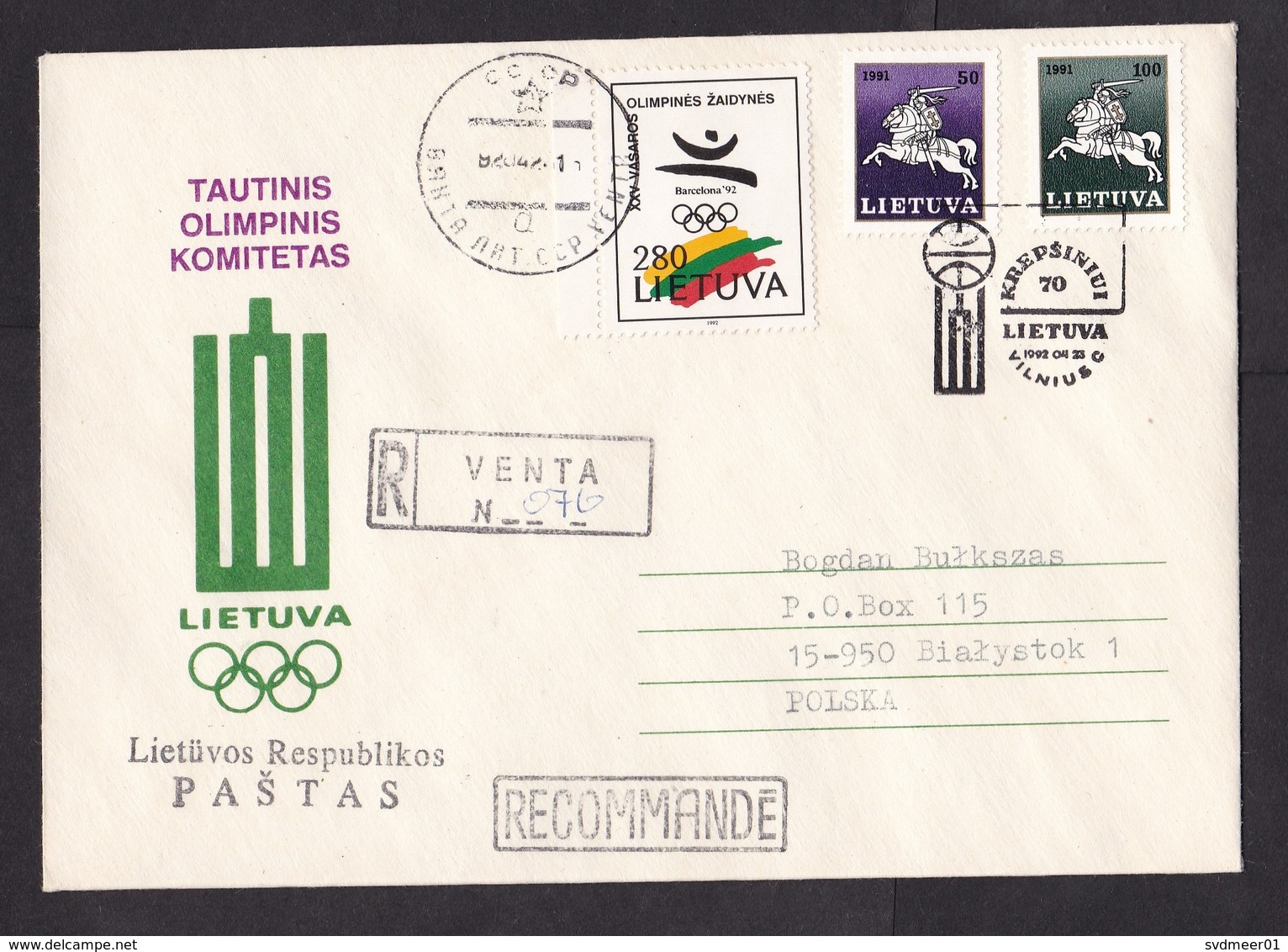 Lithuania: Registered Cover To Poland, 1992, 3 Stamps, Special Cancel, Olympic Committee, Olympics (traces Of Use) - Lituania