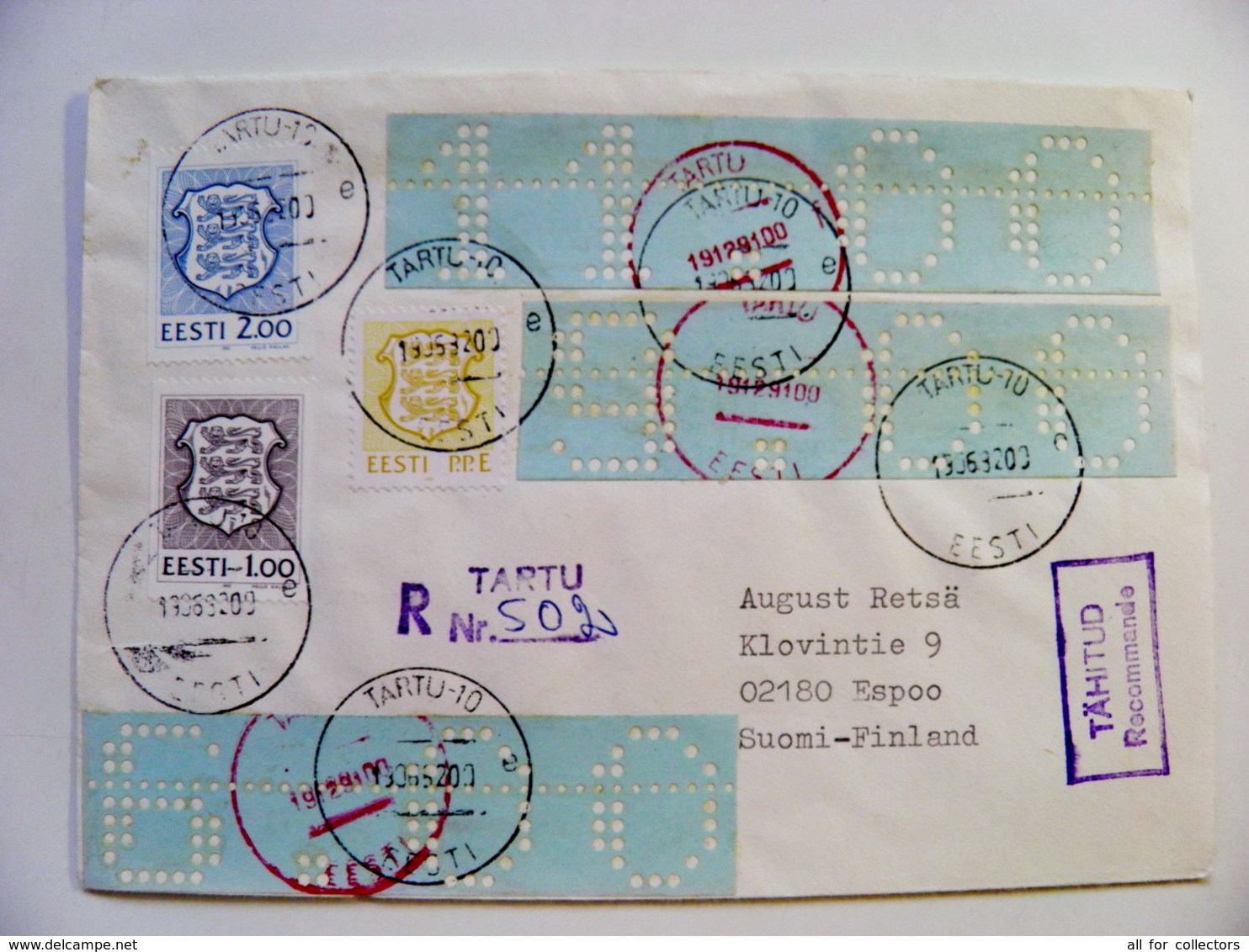 Cover Estonia 1992 Tartu Local Stamps 9,00 11,00 And 6,00 Registered Sent To Finland - Estland