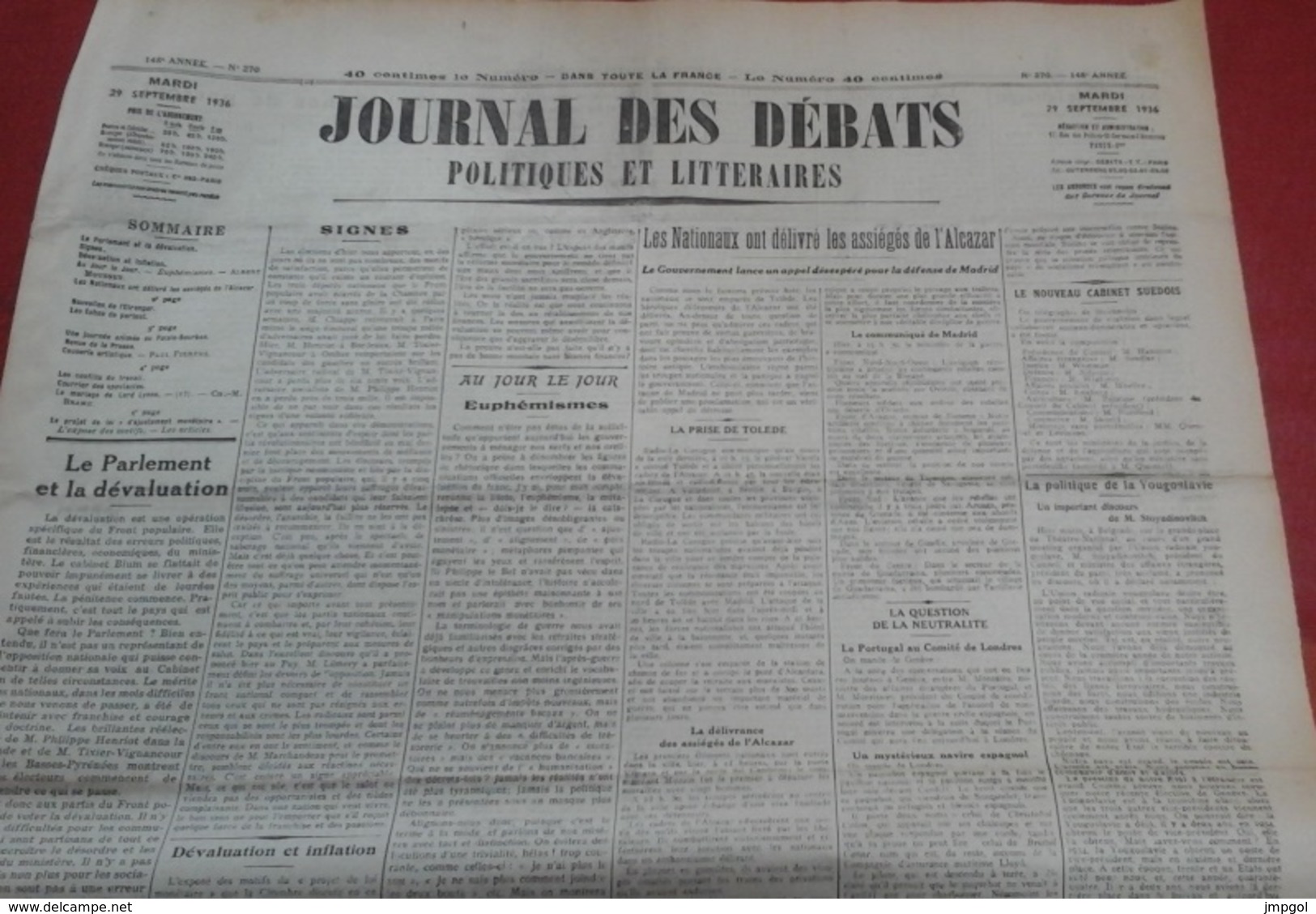 Journal Des Débats Politiques Et Littéraires 29 Septembre 1936 Guerre Espagne Tolède Alcazar Défense De Madrid SDN - Informations Générales