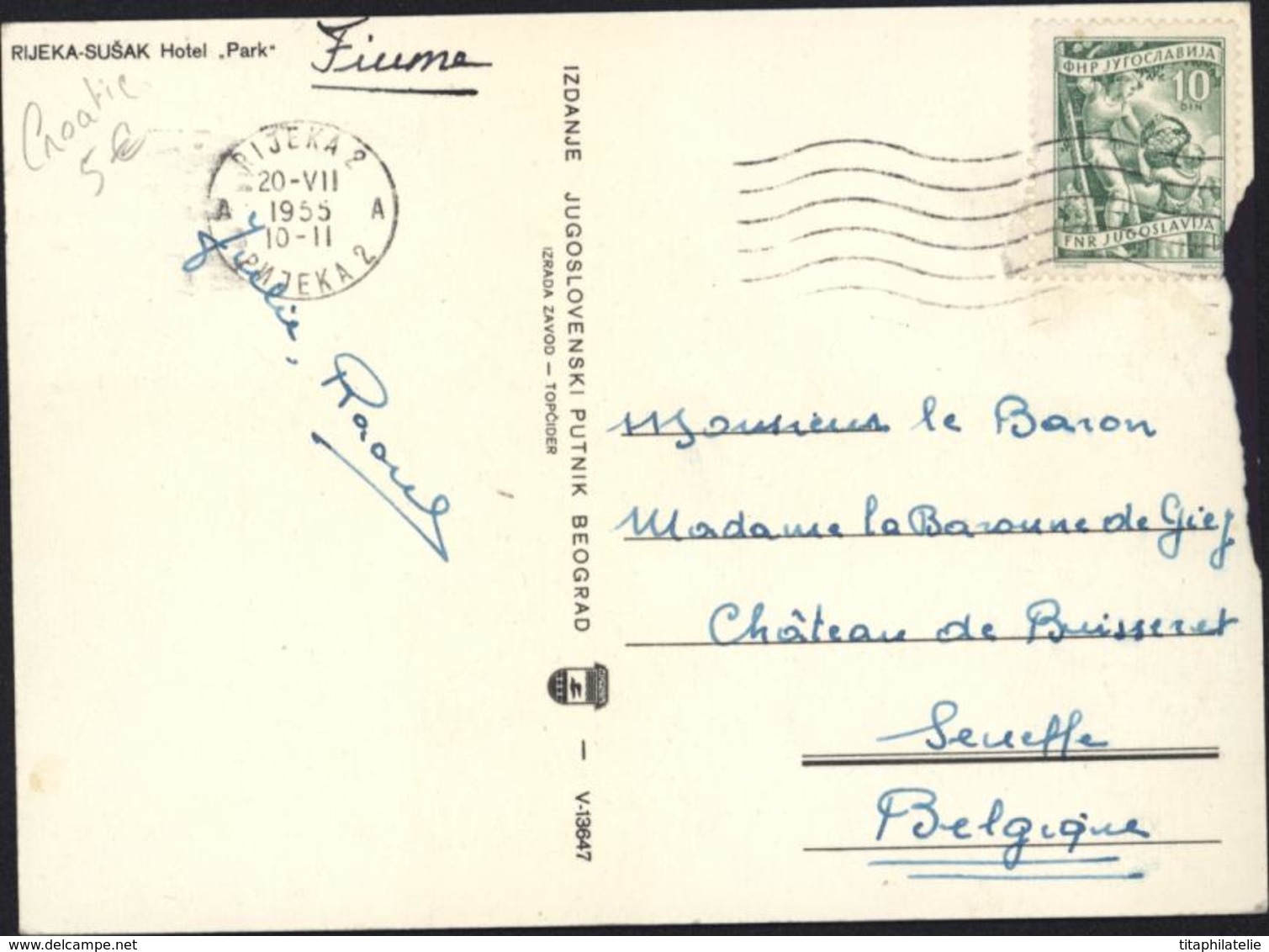 CP Carte Postale Croatie Rijeka Susak Hotel Park CAD Rijeka 1955 Timbre Yougoslavie - Croacia