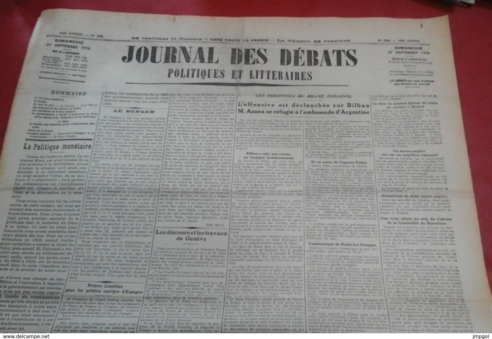 Journal Des Débats Politiques 27 Septembre 1936 Guerre Espagne Bombardement Bilbao Azana,Chine Japon Changhaï - Informations Générales