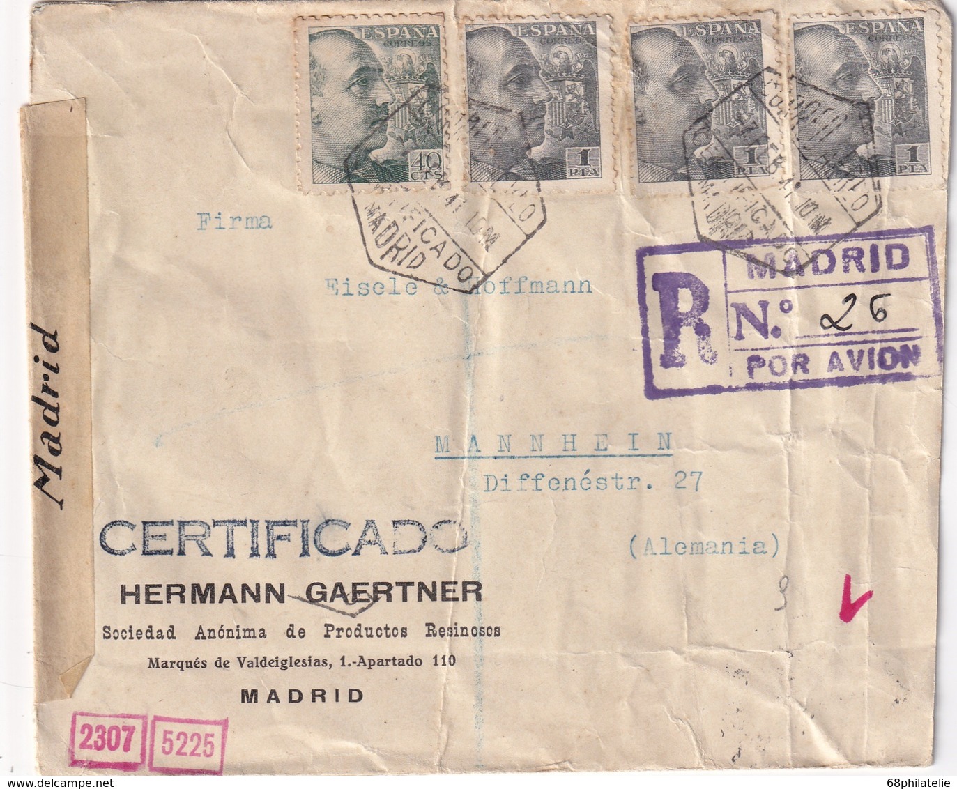 ESPAGNE 1941    LETTRE RECOMMANDEE  CENSUREE/ZENSIERT/CENSORED DE MADRID AVEC CACHET ARRIVEE MANNHEIM - Lettres & Documents