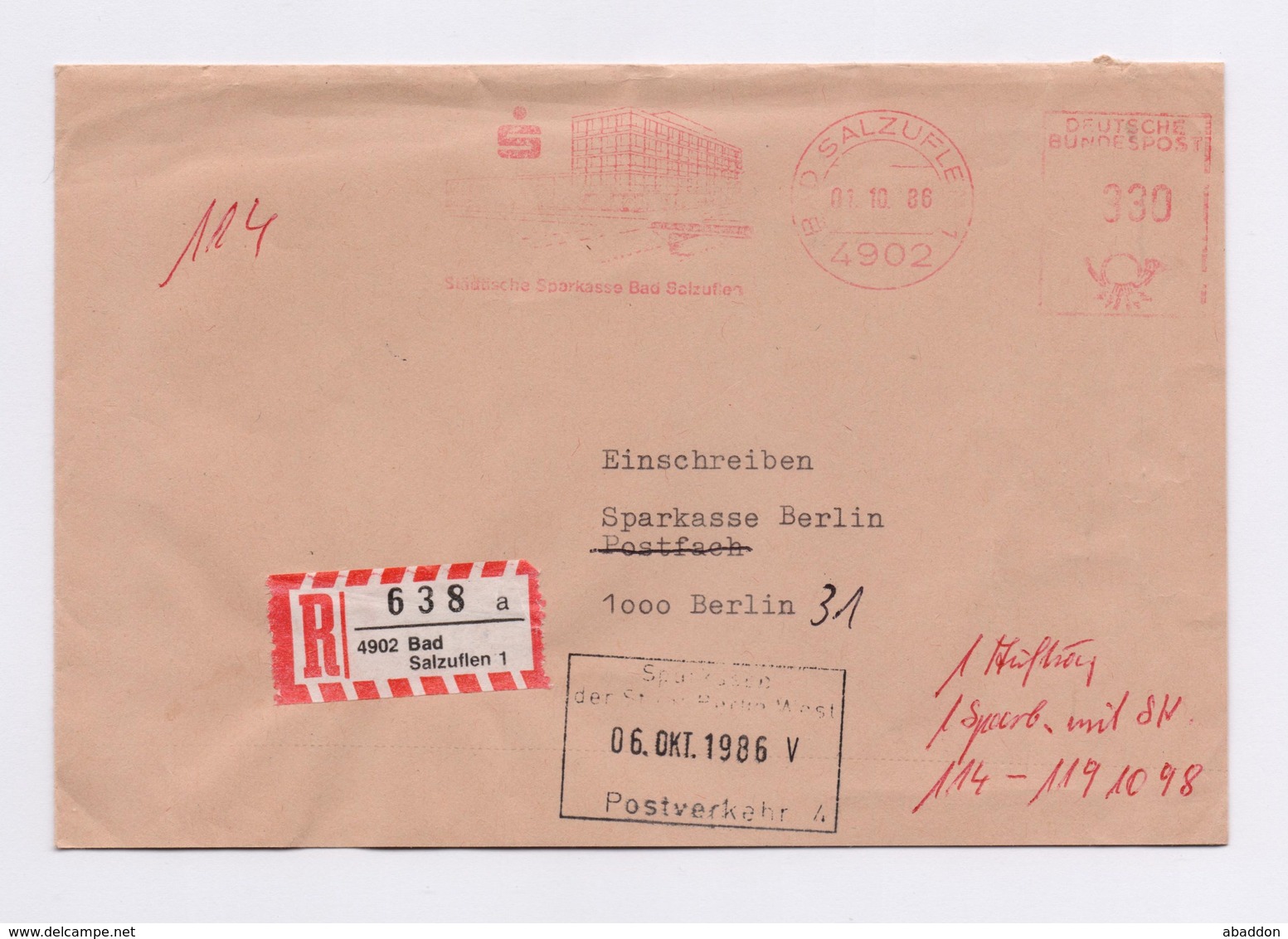 Einschreiben AFS - BAD SALZUFLEN, Städtische Sparkasse, 330 Pfg, 1986 - Franking Machines (EMA)