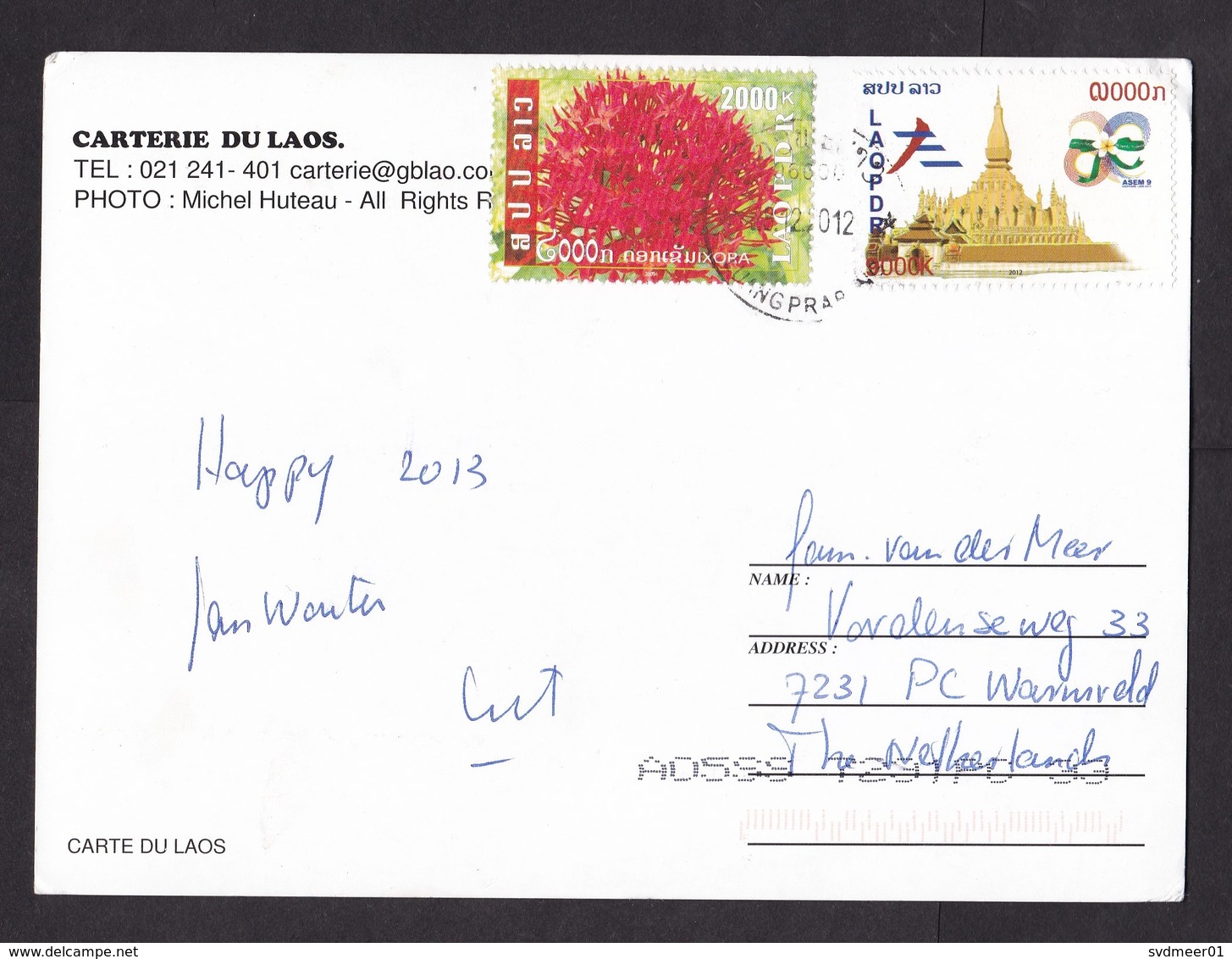 Laos: PPC Picture Postcard To Netherlands, 2012, 2 Stamps, Temple, Flower (traces Of Use) - Laos