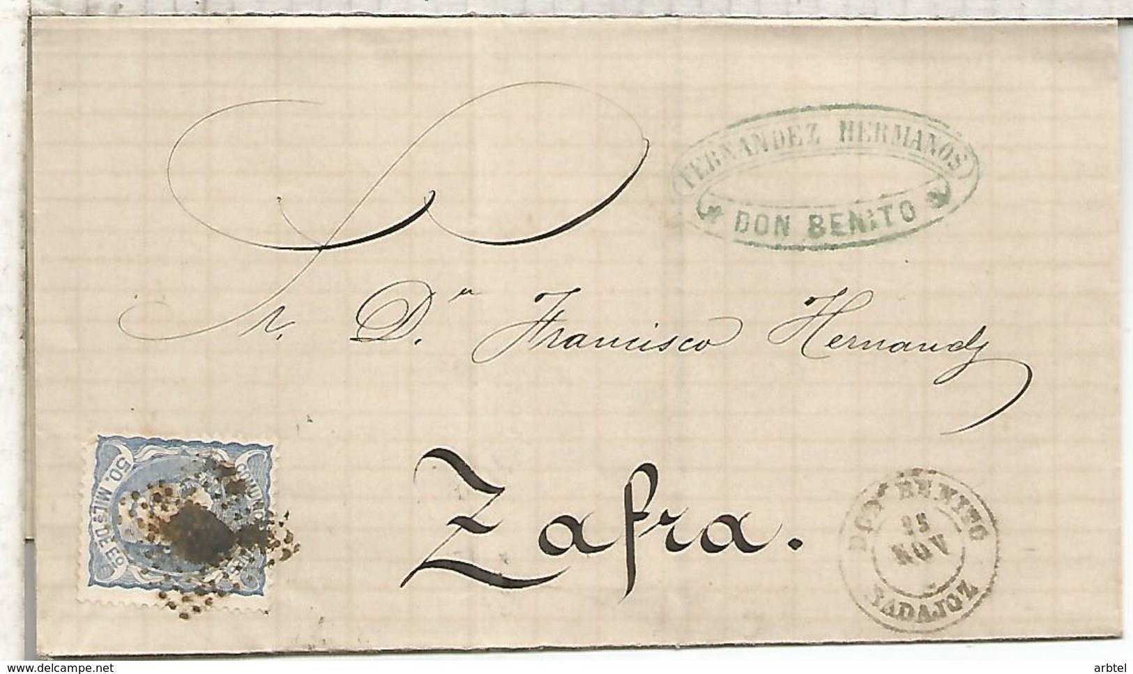 BADAJOZ ENVUELTA DE DON BENITO (MATASELLOS IN CIFRAS DE AÑO) A ZAFRA 1871 - Brieven En Documenten