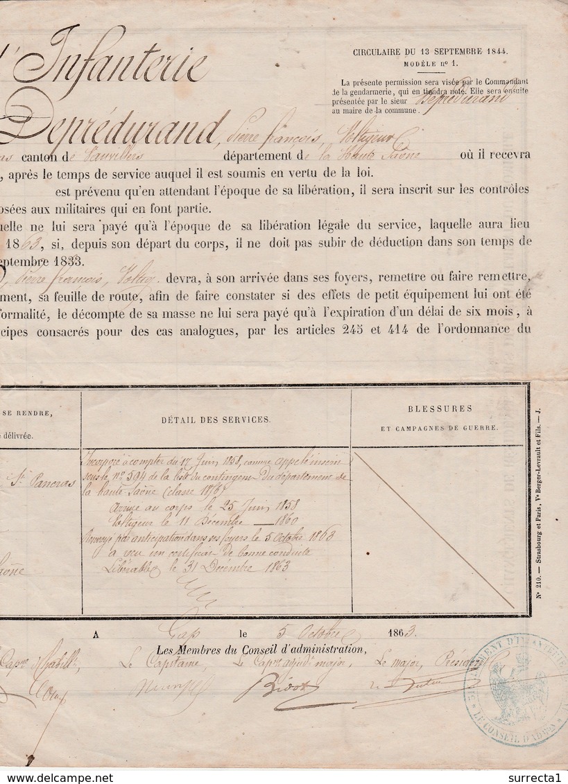 31ème Régiment Infanterie Gap 05 / 1863 / Congé De Libération / Voltigeur / Signalement + Etat De Services - Autres & Non Classés