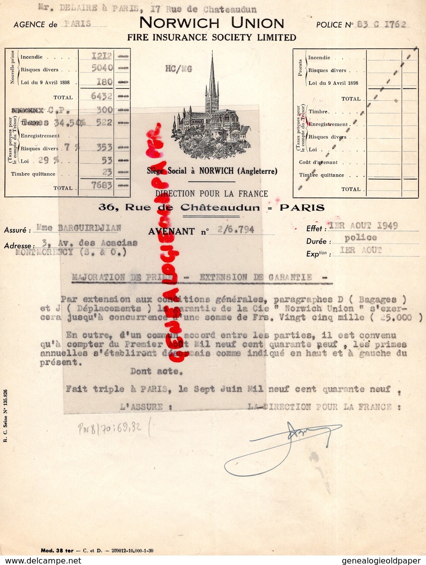 ROYAUME UNI-ANGLETERRE- 75-PARIS- RARE NORWICH UNION-FIRE INSURANCE SOCIETY LIMITED- 36 RUE CHATEAUDUN-1949 - Ver. Königreich
