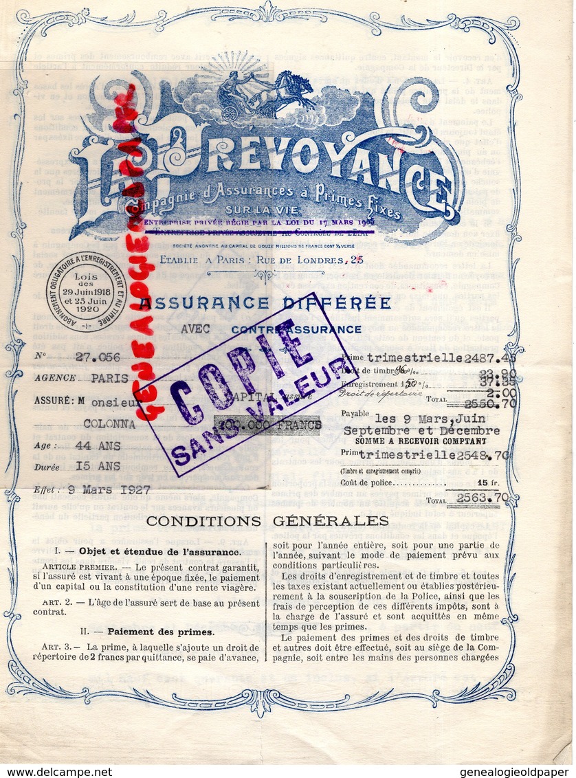 75- PARIS- LA PREVOYANCE-COMPAGNIE ASSURANCES -ASSURANCE-23 RUE DE LONDRES-1927 - Bank & Versicherung