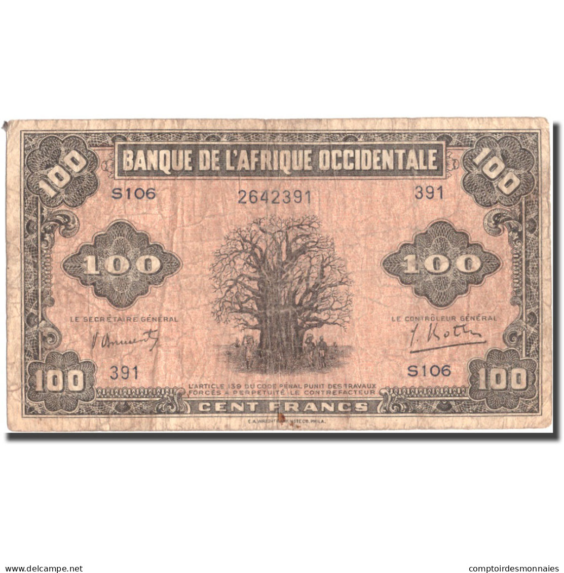 Billet, French West Africa, 100 Francs, 1942, KM:31a, TB - États D'Afrique De L'Ouest