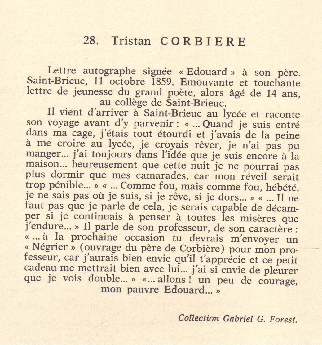 FAC-SIMILÉ DE COURRIER MANUSCRIT - TRISTAN CORBIÈRE - LETTRE A SON PÈRE  - 1859 - VOIR PHOTOS - Otros & Sin Clasificación