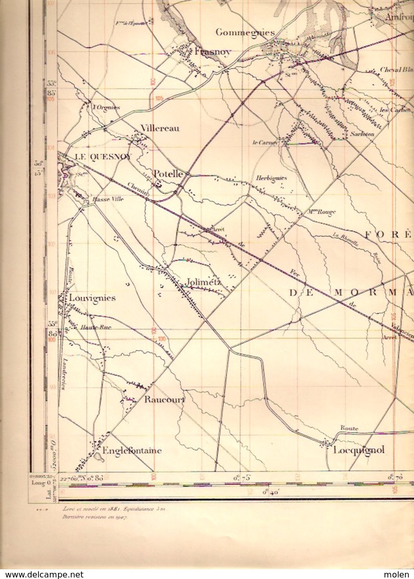 ROISIN Honnelles Mesure 1881-1907 CARTE D ETAT-MAJOR 51 BAVAY MAUBEUGE HONNELLES QUEVY ROUSIES MARPENT GOMMEGNIES S423