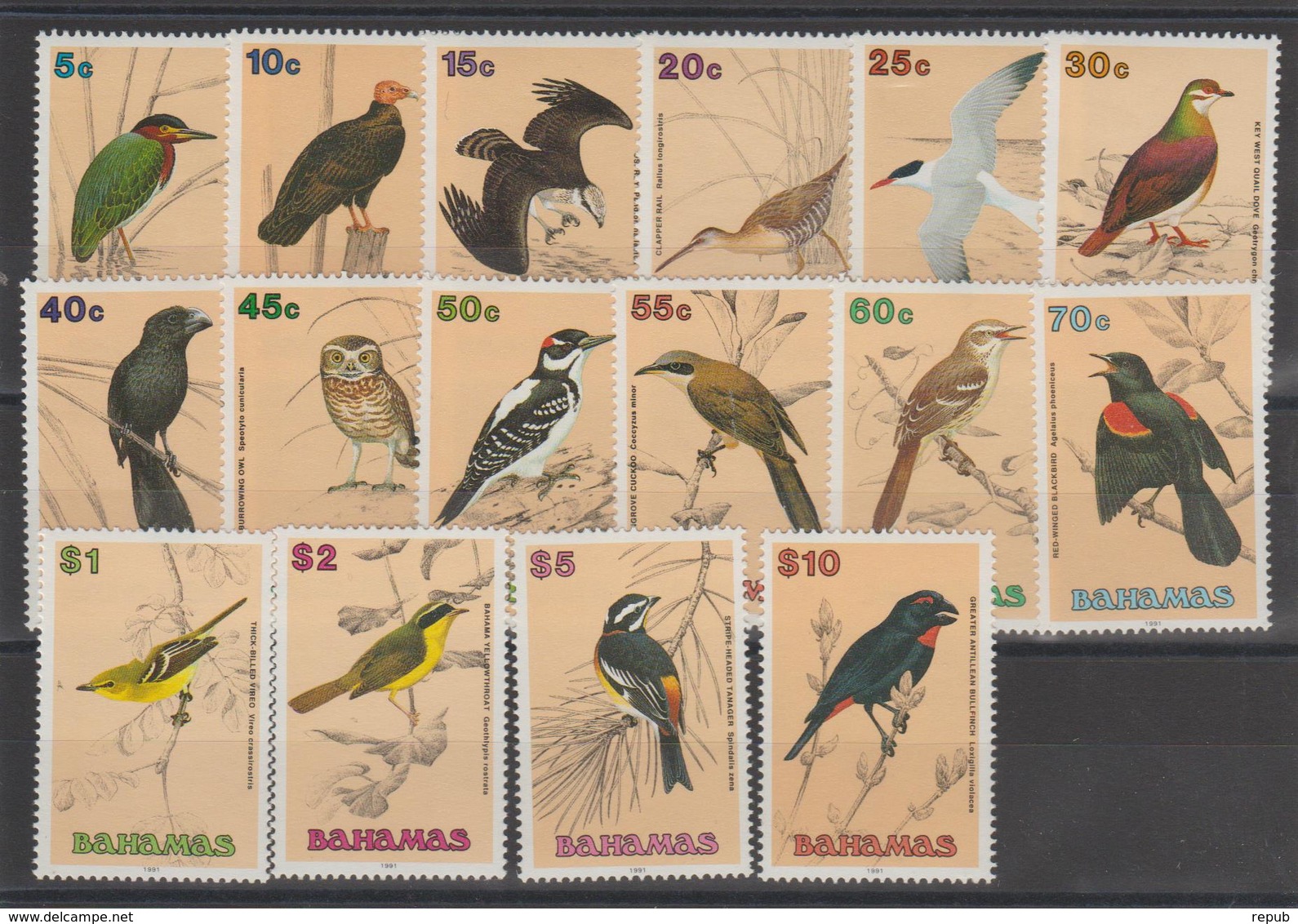 Bahamas 1991 Oiseaux 729-43 + 750 16 Val ** MMH - Bahamas (1973-...)